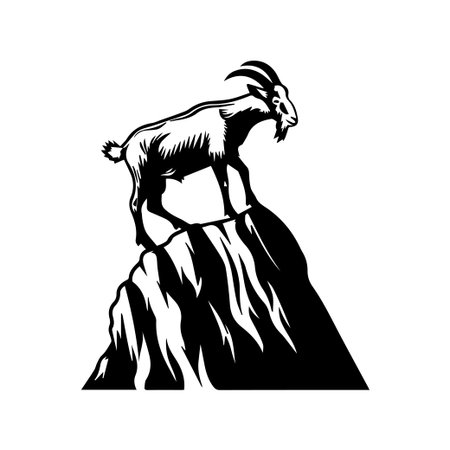 This striking monochrome illustration features a proud goat standing atop a rugged mountain peak. It symbolizes freedom, strength, and resilience in nature.のイラスト素材