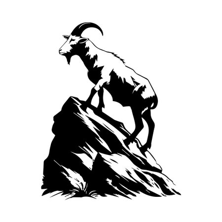 A striking silhouette of a mountain goat standing proudly on a rocky peak. This powerful image represents strength, resilience, and the beauty of nature.のイラスト素材