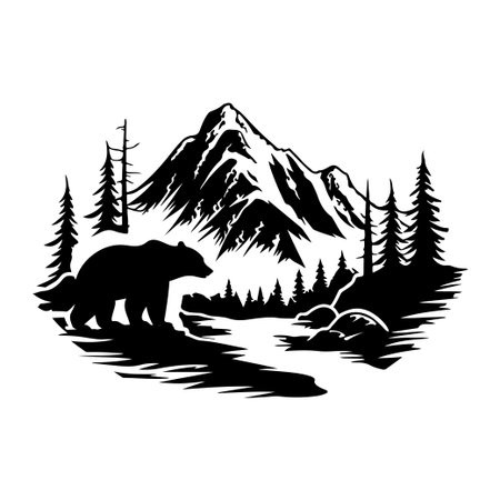 Capture the essence of nature with this black bear silhouette set against majestic mountains and lush pine trees, ideal for outdoor themes and creative projects.のイラスト素材