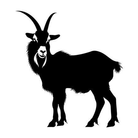 This striking silhouette of a goat features prominent horns and a unique facial expression, making it perfect for animal-themed projects, logos, and more.のイラスト素材