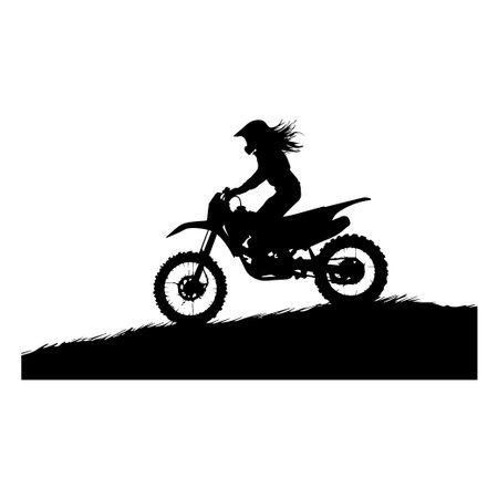 A dynamic silhouette of a woman riding a dirt bike on a hill at sunset, showcasing the thrill of adventure and the spirit of freedom in a breathtaking outdoor scene.のイラスト素材
