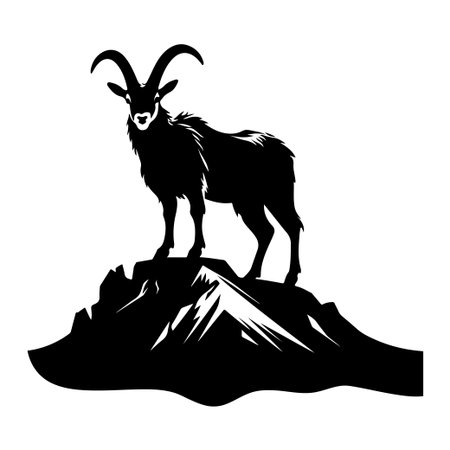 This striking silhouette of a mountain goat stands tall on a rocky peak, embodying strength and agility, perfect for themes related to nature and outdoor adventure.のイラスト素材