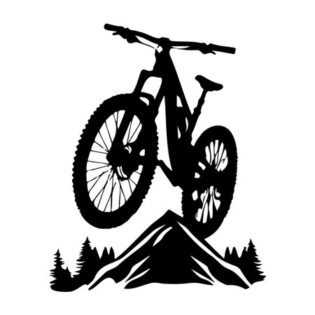 A dynamic silhouette of a mountain biker ascending a rugged peak, surrounded by towering trees, ideal for outdoor adventure themes and sports designs.のイラスト素材