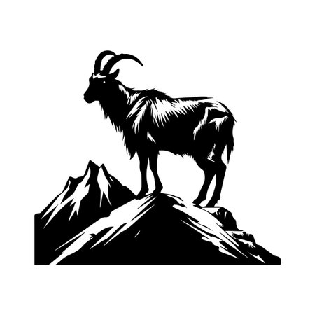 This striking silhouette captures a mountain goat standing proudly on a rocky peak, representing strength and wilderness in a beautiful natural landscape.のイラスト素材