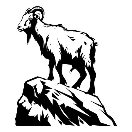 A striking silhouette of a mountain goat poised on a steep rocky cliff, capturing the essence of strength and wilderness, perfect for nature-themed graphics.のイラスト素材