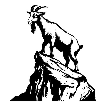 This striking black and white illustration features a goat standing on a rocky summit, capturing its proud demeanor and majestic presence in a natural environment.のイラスト素材
