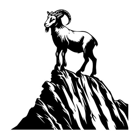 A striking silhouette of a mountain goat standing on a rocky peak, epitomizing strength and freedom in the wild. Perfect for nature and adventure themes.のイラスト素材