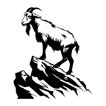 This artistic illustration features a solitary goat standing proudly on a rocky peak, embodying strength and resilience in a minimalist black and white style.のイラスト素材