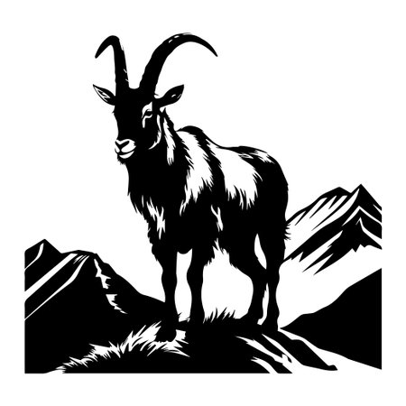 This striking black and white illustration features a majestic goat standing proudly on rocky terrain, surrounded by silhouette mountains, evoking a sense of adventure and nature.のイラスト素材