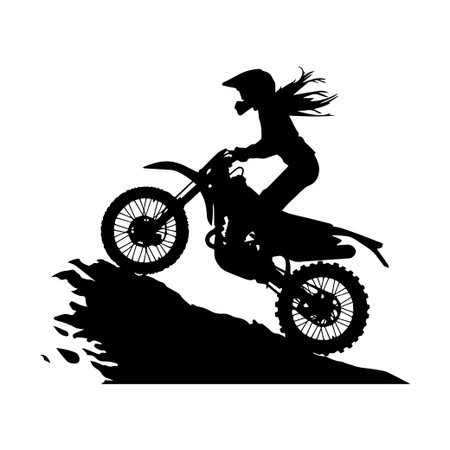 Dynamic silhouette of a female motocross rider ascending a hill on a dirt bike, capturing the essence of action, adventure, and adrenaline in extreme sports.のイラスト素材