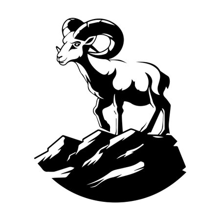 A striking silhouette of a ram standing proudly on rocky terrain represents strength and resilience. Ideal for art projects, designs, and nature themes.のイラスト素材