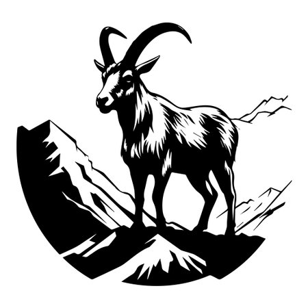 A striking silhouette of a mountain goat standing on rocky terrain, surrounded by snow-capped peaks. This design captures the spirit of wilderness and adventure.のイラスト素材
