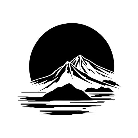 Monochrome silhouette of a majestic mountain with a large moon in the background, creating a serene and dramatic nature scene ideal for unique designs.のイラスト素材