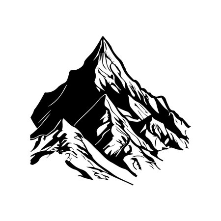 Black and white illustration of a mountain peak featuring sharp edges and rugged terrain. Ideal for outdoor, adventure, and nature related projects and designs.のイラスト素材