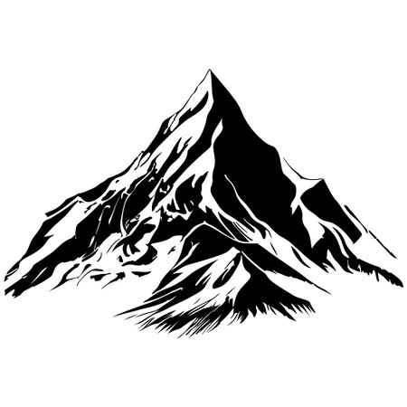 A striking black and white illustration of a mountain peak, featuring sharp edges and snow-covered slopes, perfect for designs related to nature, adventure, and exploration.のイラスト素材