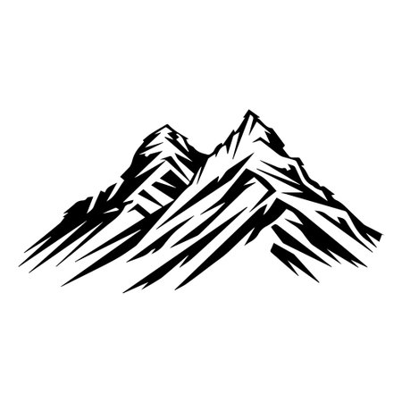 A striking black and white silhouette illustration showcasing majestic mountains with snow-capped peaks, perfect for nature-centric designs and outdoor themes.のイラスト素材