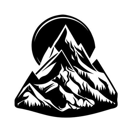 This striking black and white illustration features majestic mountain peaks with a stylized sun, perfect for themes related to nature, adventure, and outdoor exploration.のイラスト素材