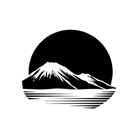 A stunning black and white silhouette captures the serene beauty of a mountain under a large circular sun, reflecting over calm water in a minimalist design.のイラスト素材