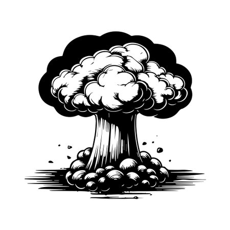 This striking black and white illustration showcases a nuclear explosion, highlighting the powerful energy and dramatic impact of such events in a vintage style.のイラスト素材