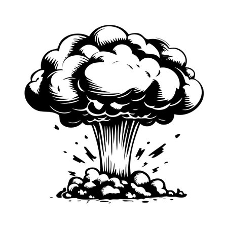 This detailed black and white illustration captures the dramatic mushroom cloud of a nuclear explosion, symbolizing power and disaster in vintage art style.のイラスト素材