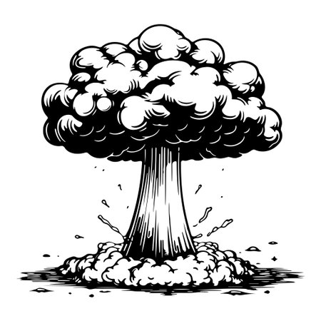 This black and white illustration captures a dramatic mushroom cloud from an explosion, rendered in a vintage comic style, perfect for creative projects.のイラスト素材