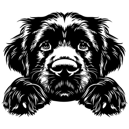 This detailed black and white illustration features a dog's face with striking fur patterns and expressive features, making it perfect for any art or pet-related projects.のイラスト素材