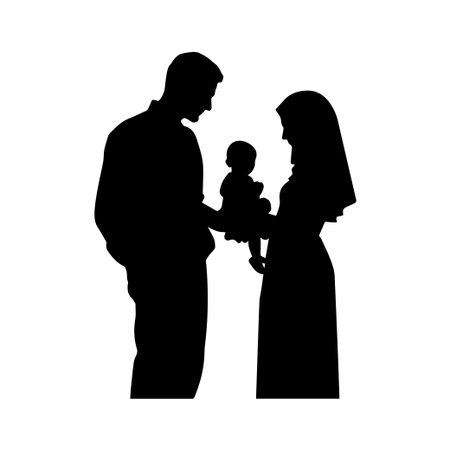 This image captures a heartwarming silhouette of a loving mother and father holding their baby, symbolizing family love, connection, and togetherness in a minimalist style.のイラスト素材