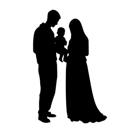 This captivating silhouette depicts a loving family moment, showcasing a parent holding a baby and a mother beside them, symbolizing unity and affection.のイラスト素材
