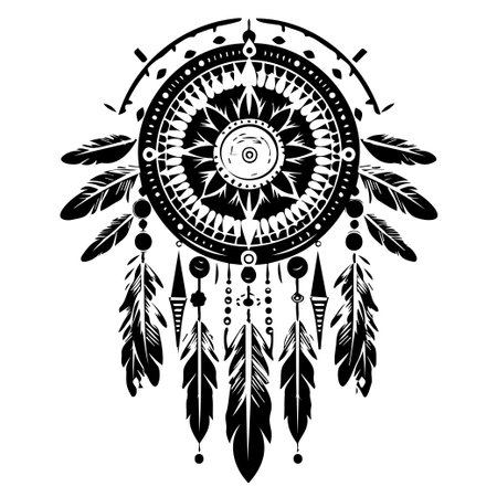 Discover this detailed black and white dreamcatcher design, featuring intricate geometric patterns and feathers, perfect for artistic projects and spiritual themes.のイラスト素材