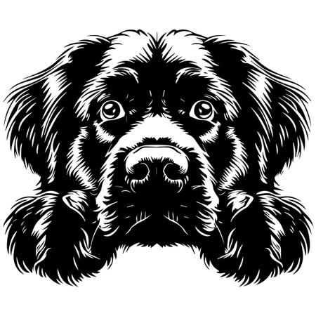 This black and white illustration features a dog head with expressive eyes and fluffy fur, perfect for various creative projects such as posters or merchandise.のイラスト素材