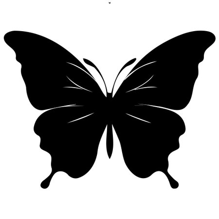Elegant black butterfly silhouette on a clean white background. Ideal for graphic design projects, nature themes, and minimalist art concepts. Versatile and stylish.のイラスト素材