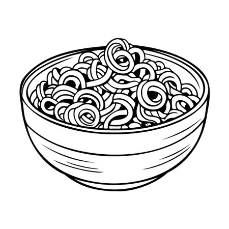 This black and white illustration features a bowl of noodles, perfect for coloring and customization. An ideal design for food lovers and culinary art projects.のイラスト素材