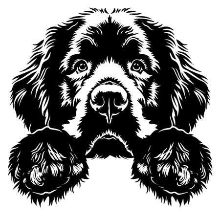 This black and white illustration of a dog's face and paws captures the essence of canine charm and playfulness, perfect for artistic and creative projects.のイラスト素材