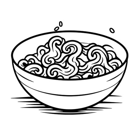 This hand-drawn illustration features a bowl filled with swirling noodles, emphasizing culinary artistry in a minimalist black and white style. Perfect for various food-related projects.のイラスト素材
