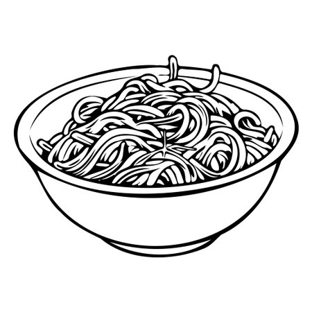 This line drawing of noodles in a bowl captures the essence of culinary art, perfect for food illustrations, menus, or creative projects in the kitchen.のイラスト素材