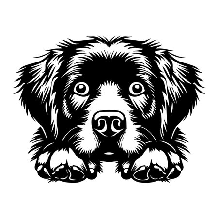 This black and white illustration features a cute dog face with detailed fur texture and expressive eyes, perfect for pet-themed projects and designs.のイラスト素材
