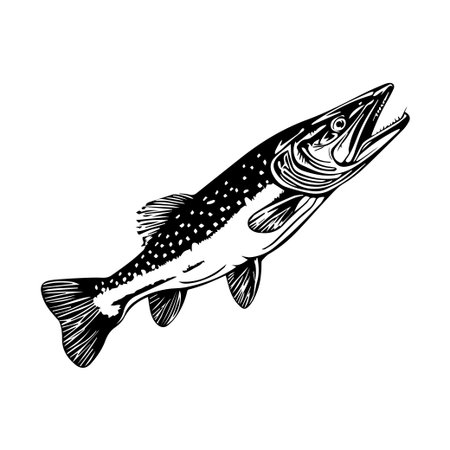 This black and white illustration of a fish showcases intricate details, suitable for artistic, educational, or commercial projects in various industries.のイラスト素材
