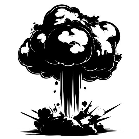 This striking black and white illustration captures the intensity of an explosion, showcasing a dynamic cloud of smoke and ash rising dramatically into the air.のイラスト素材