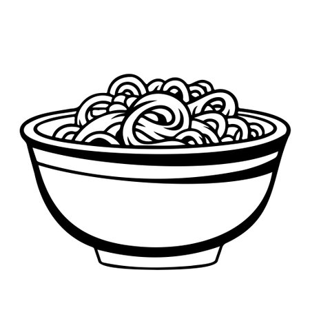 This hand-drawn illustration features a bowl filled with delectable noodles, perfect for enhancing culinary-related projects or representing comfort food in a unique style.のイラスト素材