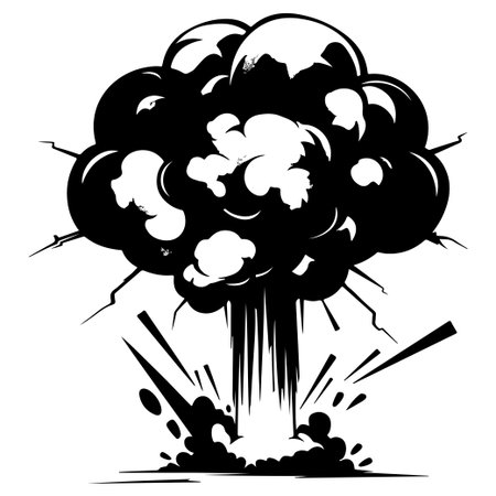 This monochrome illustration captures a dramatic explosion with vivid smoke and debris, conveying a...