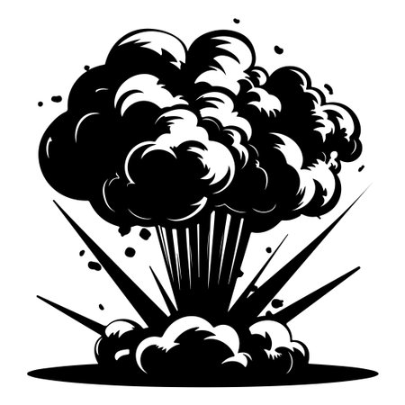 A captivating black and white illustration showcasing a dramatic explosion with dense clouds and...