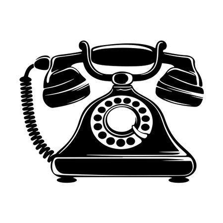 A detailed illustration of a vintage rotary telephone in black and white. This classic design captures the essence of retro communication and timeless style.のイラスト素材
