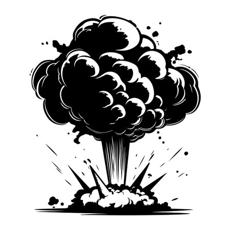 This striking black and white illustration captures a powerful explosion with a smoke cloud bursting upward, conveying a sense of energy and drama.のイラスト素材