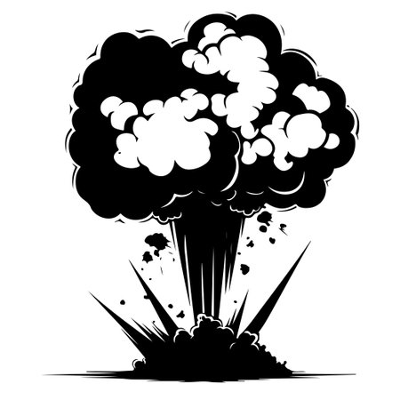 This illustration captures a dramatic explosion with a thick cloud of smoke rising and debris flying, conveying a powerful sense of impact and chaos.のイラスト素材