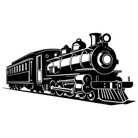 A detailed illustration of a classic steam locomotive in black and white, capturing the vintage essence of railway transport and appealing to train enthusiasts.のイラスト素材
