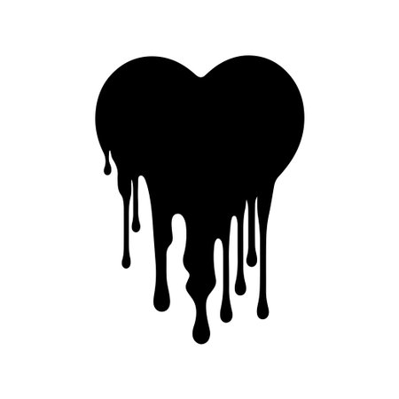 A striking black heart shape that appears to be melting, set against a clean white background. This unique design evokes deep emotions and creativity, perfect for various projects.のイラスト素材