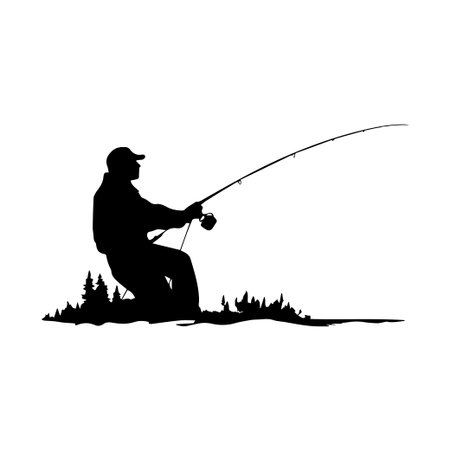 A striking silhouette of a fisherman casting a line over calm waters, framed by lush trees and a stunning sunset landscape, capturing the essence of outdoor adventure.のイラスト素材