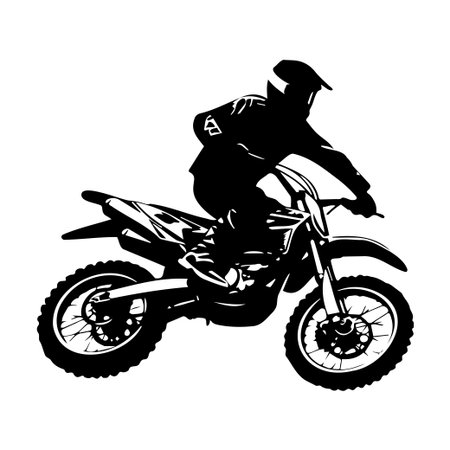 A striking black and white silhouette of a motocross rider in mid-air above a dirt bike, showcasing the energy and excitement of extreme sports to inspire adventure.のイラスト素材