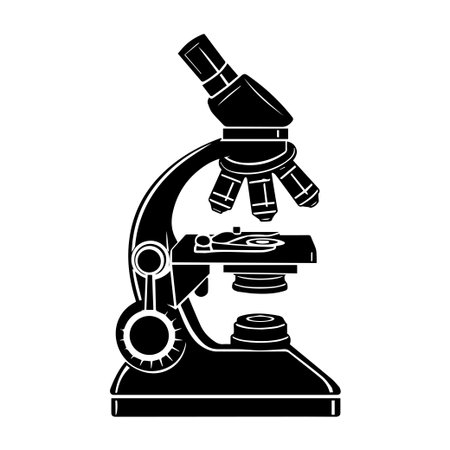 This black and white illustration features a classic laboratory microscope, perfect for representing scientific research and educational themes in various projects.のイラスト素材