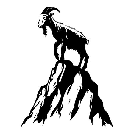 This striking black and white silhouette features a goat standing on a rocky mountain peak, representing strength and adventure in a dramatic natural landscape.のイラスト素材